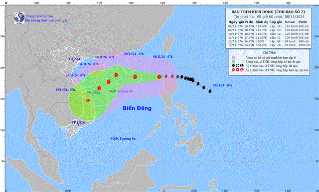 Tin bão trên biển Đông - Cơn bão số 07 (Tin phát lúc 08h00 ngày 08/11/2024)