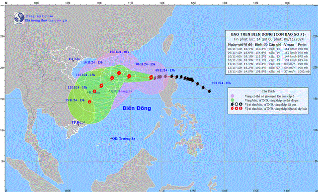 Tin bão trên biển Đông - Cơn bão số 07 (Tin phát lúc 14h00 ngày 08/11/2024)