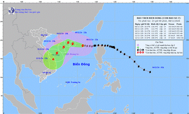 Tin bão trên biển Đông - Cơn bão số 07 (Tin phát lúc 23h00 ngày 08/11/2024)