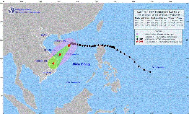 Tin bão trên biển Đông - Cơn bão số 07 (Tin phát lúc 20h00 ngày 10/11/2024)