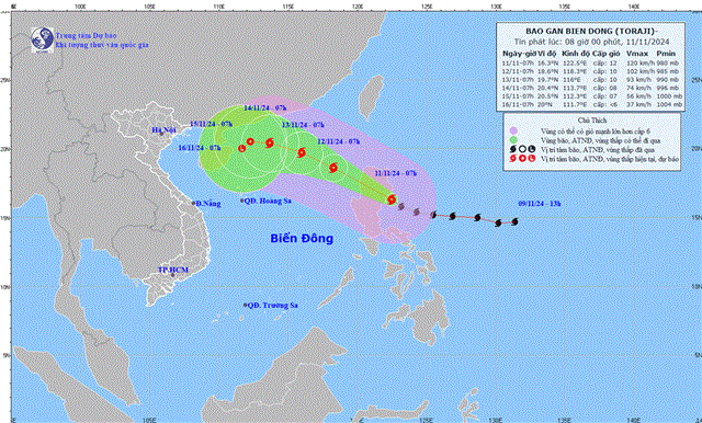 Tin bão gần biển Đông - Cơn bão TORAJI (Tin phát lúc 08h00 ngày 11/11/2024)