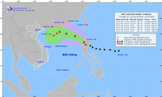 Tin bão gần biển Đông - Cơn bão TORAJI (Tin phát lúc 20h00 ngày 11/11/2024)