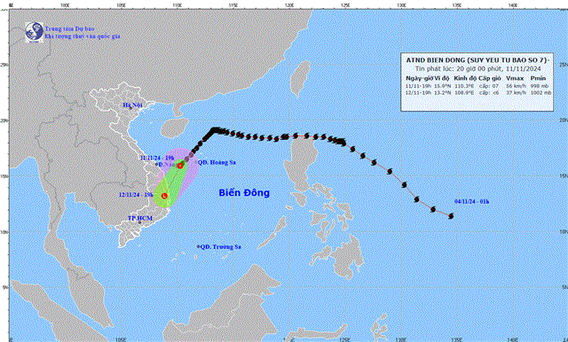 Tin áp thấp nhiệt đới trên biển đông  - Suy yếu từ cơn bão số 07 (Tin phát lúc 20h00 ngày 11/11/2024)