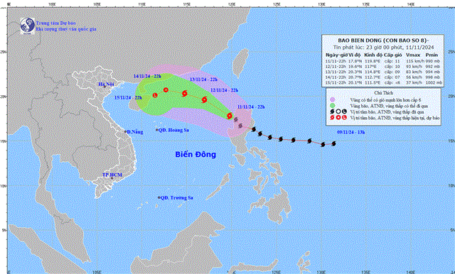 Tin bão trên biển Đông - Cơn bão số 08 (Tin phát lúc 23h00 ngày 11/11/2024)