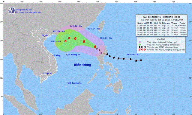 Tin bão trên biển Đông - Cơn bão số 08 (Tin phát lúc 02h00 ngày 12/11/2024)