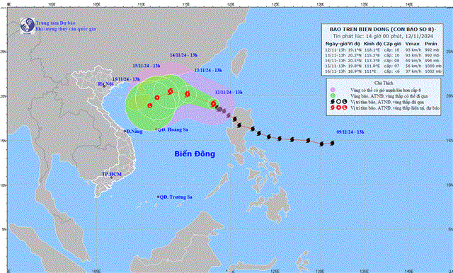 Tin bão trên biển Đông - Cơn bão số 08 (Tin phát lúc 14h00 ngày 12/11/2024)