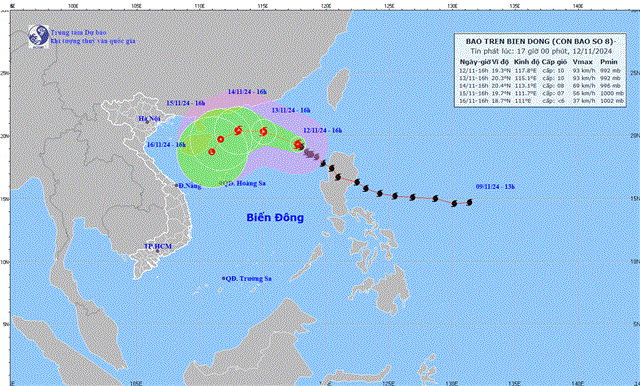 Tin bão trên biển Đông - Cơn bão số 08 (Tin phát lúc 17h00 ngày 12/11/2024)