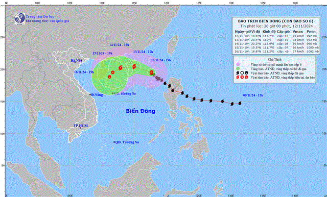 Tin bão trên biển Đông - Cơn bão số 08 (Tin phát lúc 20h00 ngày 12/11/2024)