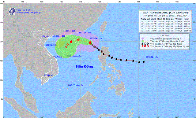 Tin bão trên biển Đông - Cơn bão số 08 (Tin phát lúc 23h00 ngày 12/11/2024)