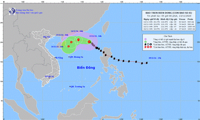 Tin bão trên biển Đông - Cơn bão số 08 (Tin phát lúc 05h00 ngày 13/11/2024)