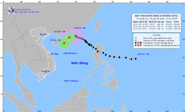 Tin bão trên biển Đông - Cơn bão số 08 (Tin phát lúc 20h00 ngày 13/11/2024)