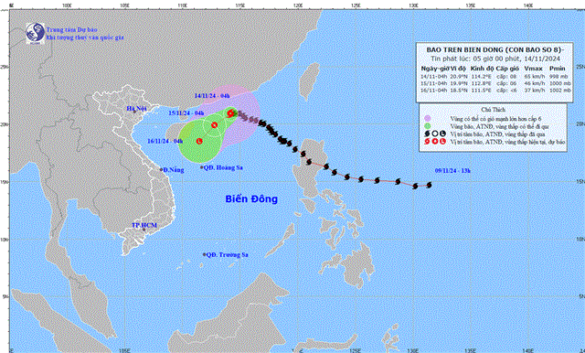 Tin bão trên biển Đông (Cơn bão số 8- Tin phát lúc 05h00 ngày 14/11/2024)