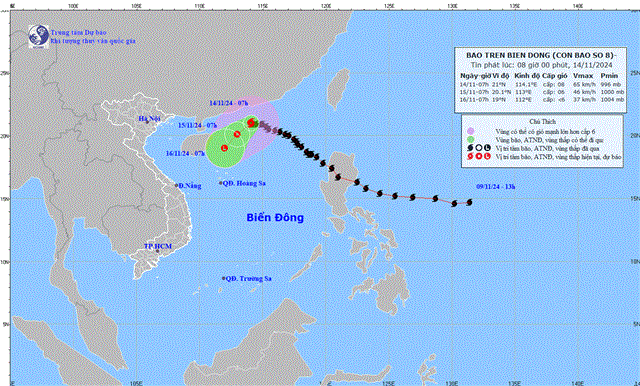 Tin bão trên biển Đông (Cơn bão số 8- Tin phát lúc 08h00 ngày 14/11/2024) 