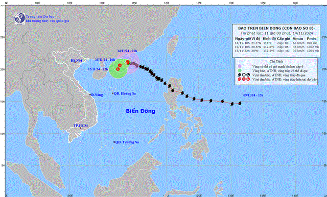 Tin bão trên biển Đông (Cơn bão số 8- Tin phát lúc 11h00 ngày 14/11/2024) 