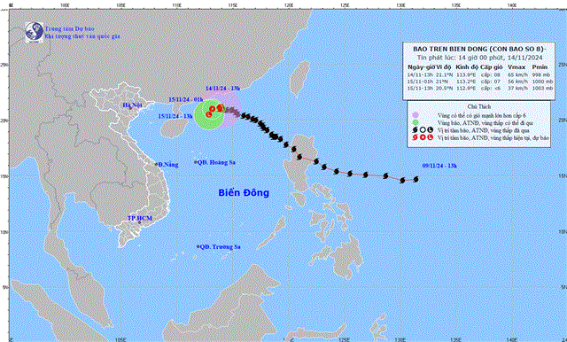 Tin bão trên biển Đông - Cơn bão số 08 (Tin phát lúc 14h00 ngày 14/11/2024)