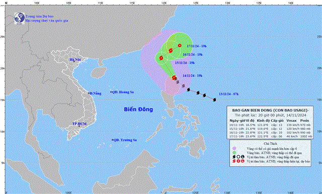 Tin bão gần biển Đông - Cơn bão USAGI (Tin phát lúc 20h00 ngày 14/11/2024)