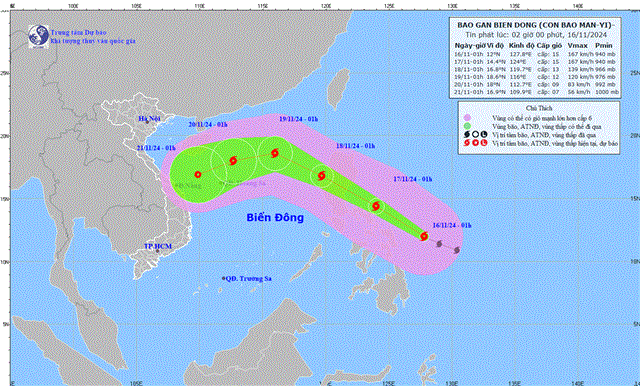 Tin bão gần biển Đông - Cơn bão MAN-YI (Tin phát lúc 02h00 ngày 16/11/2024)