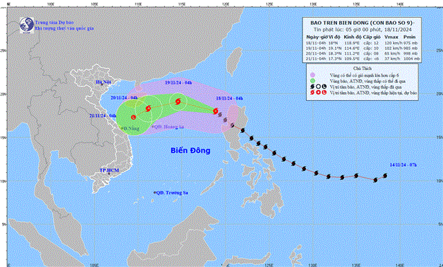 Tin bão trên biển Đông - Cơn bão số 09 (Tin phát lúc 05h00 ngày 18/11/2024)