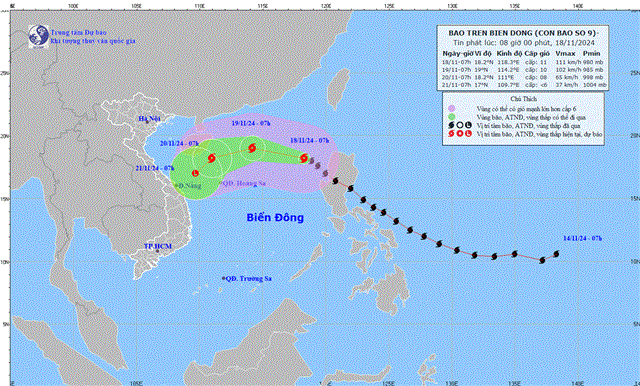 Tin bão trên biển Đông (Cơn bão số 9- Tin phát lúc 08h00 ngày 18/11/2024)