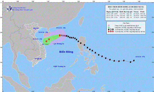 Tin bão trên biển Đông - Cơn bão số 09 (Tin phát lúc 11h00 ngày 19/11/2024)