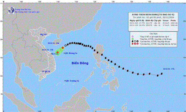 Tin áp thấp nhiệt đới trên biển Đông (Suy yếu từ cơn bão số 9- Tin phát lúc 02h00 ngày 20/11/2024)
