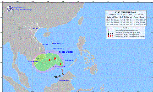 Tin áp thấp nhiệt đới trên biển Đông (Tin phát lúc 20h00 ngày 22/12/2024)