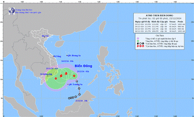 Tin áp thấp nhiệt đới trên biển Đông (Tin phát lúc 02h00 ngày 23/12/2024)
