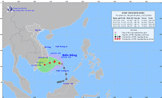 Tin áp thấp nhiệt đới trên biển Đông (Tin phát lúc 08h00 ngày 23/12/2024)