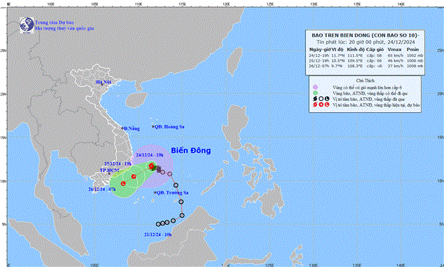 Tin bão trên biển Đông - Cơn bão số 10 (Tin phát lúc 20h00 ngày 24/12/2024)