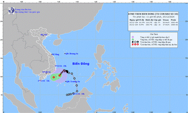 Tin áp thấp nhiệt đới trên biển Đông - Suy yếu từ cơn bão số 10 (Tin phát lúc 11h00 ngày 25/12/2024)