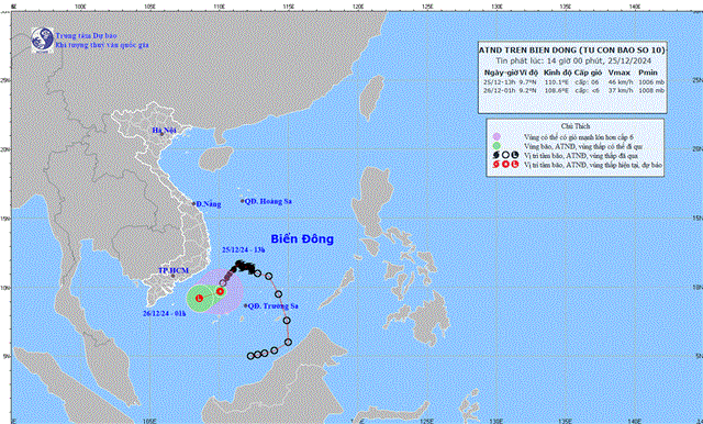 Tin áp thấp nhiệt đới trên biển Đông - Suy yếu từ cơn bão số 10 (Tin phát lúc 14h00 ngày 25/12/2024)
