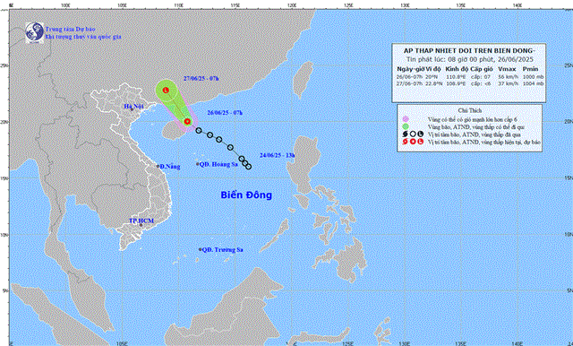 Tin áp thấp nhiệt đới trên biển Đông (Tin phát lúc 08h00 ngày 26/06/2025)