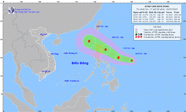 Tin áp thấp nhiệt đới gần biển Đông (Tin phát lúc 17h00 ngày 16/07/2025)