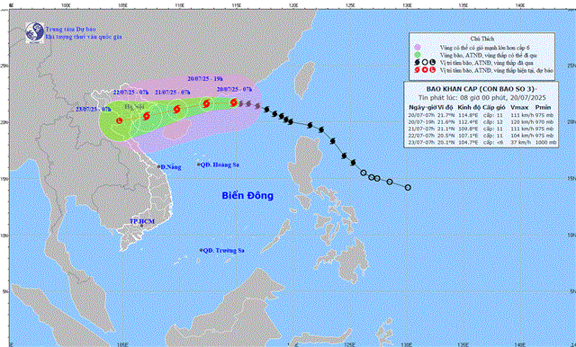 Tin bão khẩn cấp - Cơn bão số 03 (Tin phát lúc 08h00 ngày 20/07/2025)