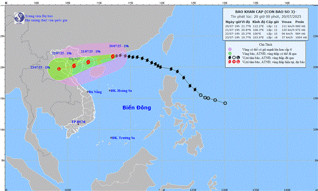 Tin bão trên biển Đông (Cơn bão số 3 - Tin phát lúc 20h00 ngày 20/07/2025)