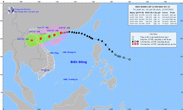 Tin bão khẩn cấp (Cơn bão số 3 - Tin phát lúc 02h00 ngày 21/07/2025)