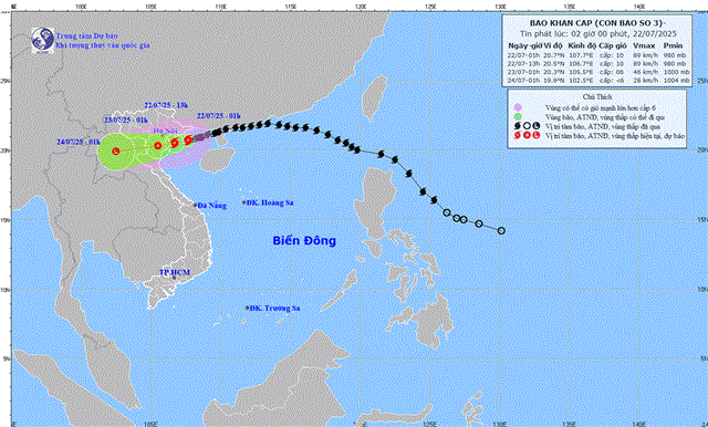 Tin bão khẩn cấp (Cơn bão số 3 - Tin phát lúc 02h00 ngày 22/07/2025) 