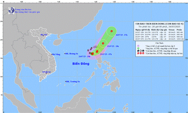 Tin bão trên biển đông (Cơn bão số 4 - Tin phát lúc 20h00 ngày 24/07/2025)
