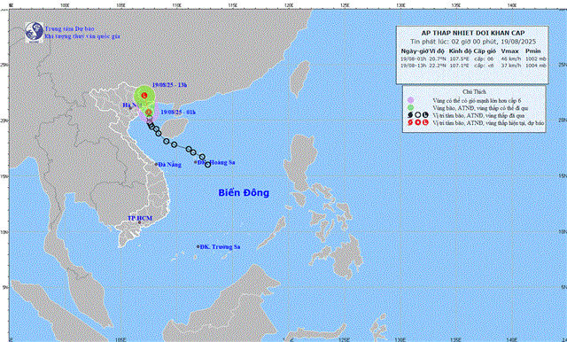 Tin áp thấp nhiệt đới khẩn cấp (Tin phát lúc 02h00 ngày 19/08/2025)