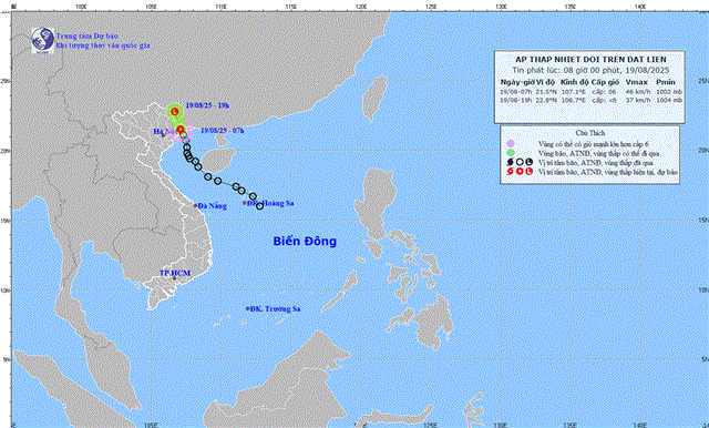 Tin áp thấp nhiệt đới trên đất liền (Tin phát lúc 08h00 ngày 19/08/2025)