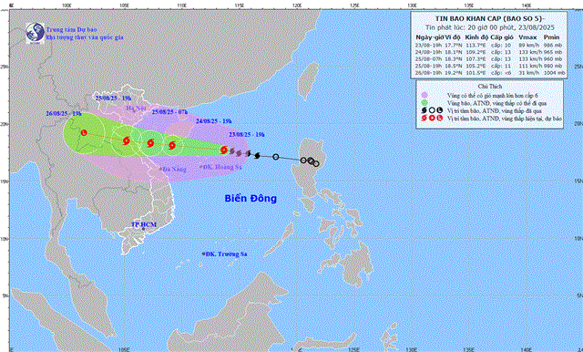 Tin bão khẩn cấp - Cơn bão số 5 (Tin phát lúc 20h00 ngày 23/08/2025)