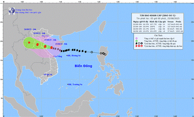 Tin bão khẩn cấp (Cơn bão số 5 - Tin phát lúc 05h00 ngày 25/08/2025)