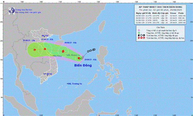 Tin áp thấp nhiệt đới trên biển Đông (Tin phát lúc 02h00 ngày 29/08/2025)