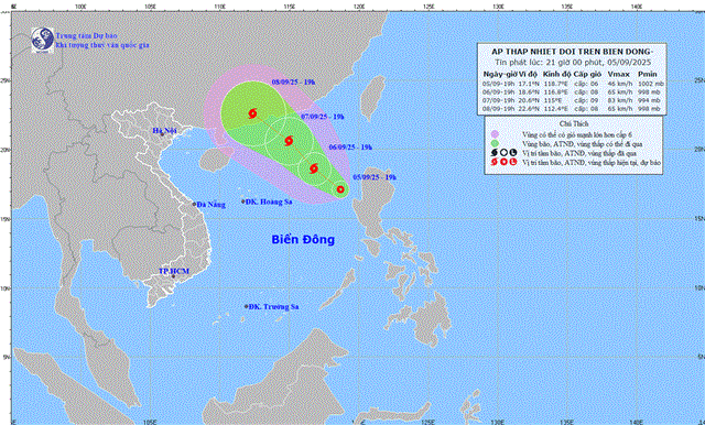 Tin áp thấp nhiệt đới trên biển Đông (Tin phát lúc 21h00 ngày 05/09/2025)