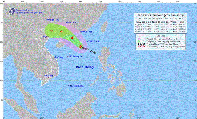 Tin bão trên biển đông - Cơn bão số 07 (Tin phát lúc 02h00 ngày 07/09/2025)