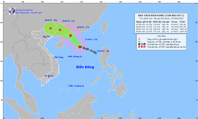 Tin bão trên biển Đông (Cơn bão số 7 - Tin phát lúc 08h00 ngày 07/09/2025)