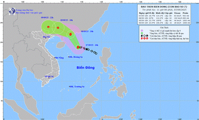Tin bão trên biển Đông (Cơn bão số 7 - Tin phát lúc 11h00 ngày 07/09/2025)