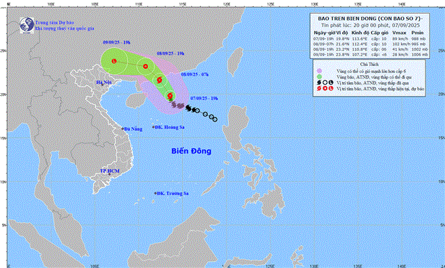 Tin bão trên biển Đông (Cơn bão số 7 - Tin phát lúc 20h00 ngày 07/09/2025)