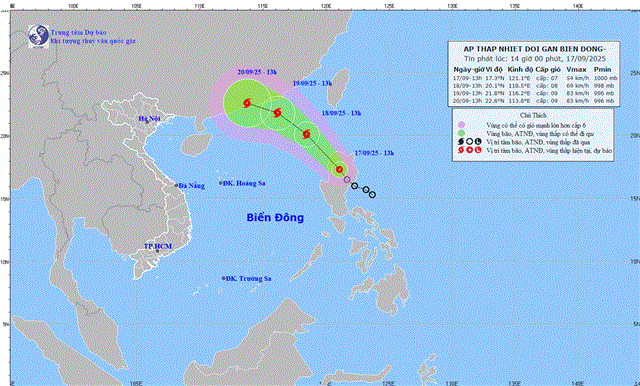 Tin áp thấp nhiệt đới gần biển Đông (Tin phát lúc 14h00 ngày 17/09/2025)