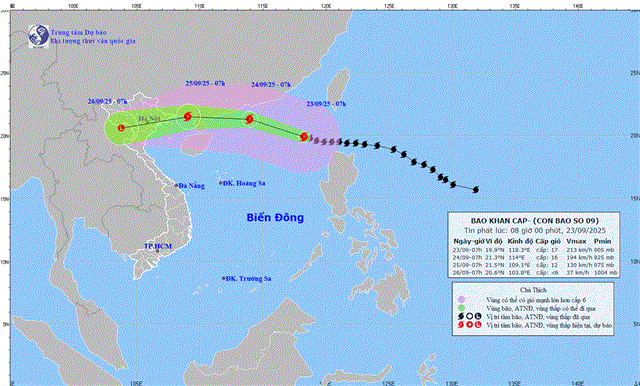 Tin bão khẩn cấp (Cơn bão số 9 - Tin phát lúc 08h00 ngày 23/09/2025)